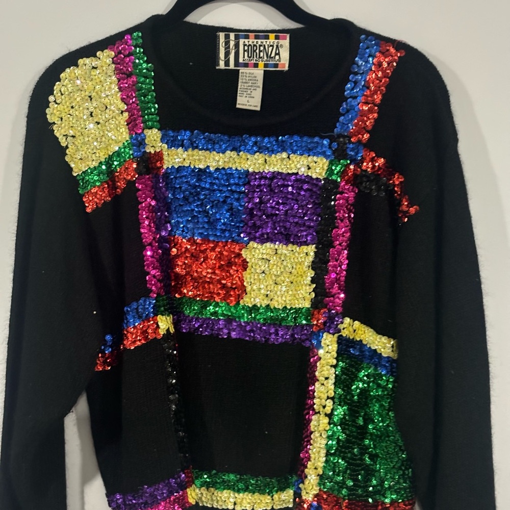 Vtg Forenza CROP Sweater Silk Blend Sequin Trim Long Sleeve LOOSE FIT Size Large